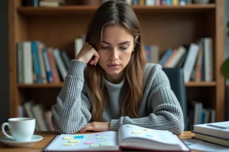 Femme débordée assise à son bureau encombré, regardant son agenda avec une expression de stress et de difficulté à gérer son temps