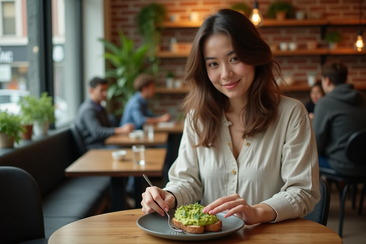 Femme préparant un toast à l'avocat dans un café, aliment recommandé pour l'intestin irritable