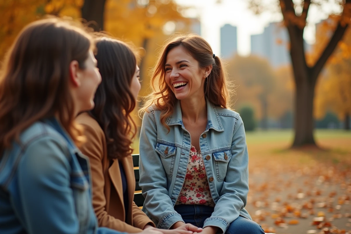 Groupe de femmes épanouies sans enfants riant ensemble sur un banc dans un parc en automne