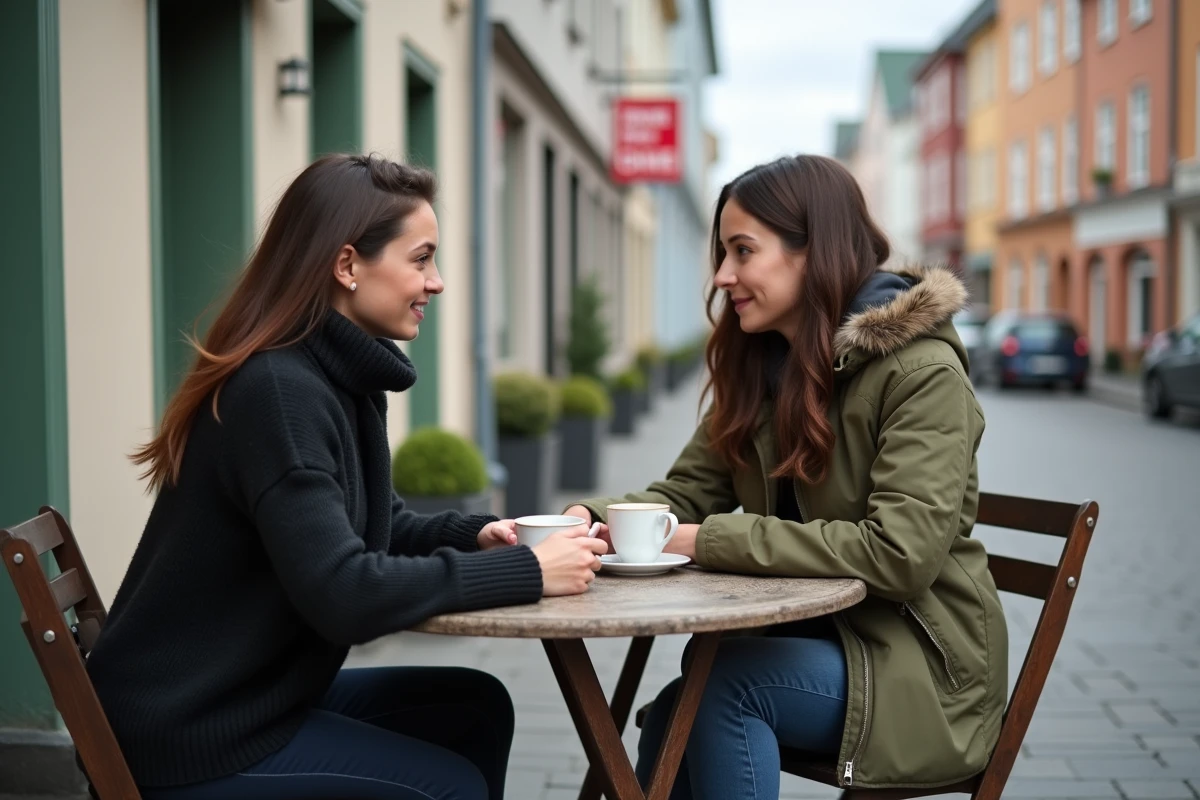 Deux femmes discutant librement dans un café en plein air dans un pays nordique réputé pour la sécurité des femmes