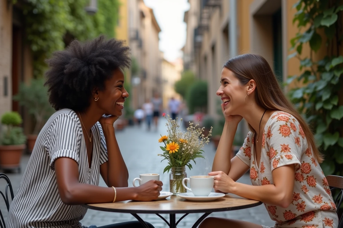 Deux femmes riant ensemble en terrasse de café, symbolisant le désir de connexion authentique et d'amitié profonde