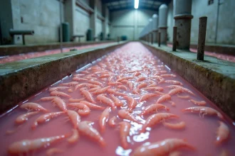 Intérieur d'une ferme rose d'élevage de crevettes en circuit fermé avec des bassins rectangulaires et des systèmes de filtration