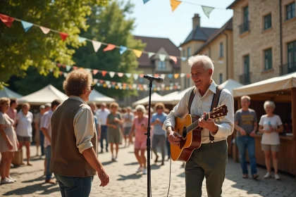 Animation musicale en plein air sur la place d'un village lors d'une fête estivale avec des habitants rassemblés autour d'un musicien folk