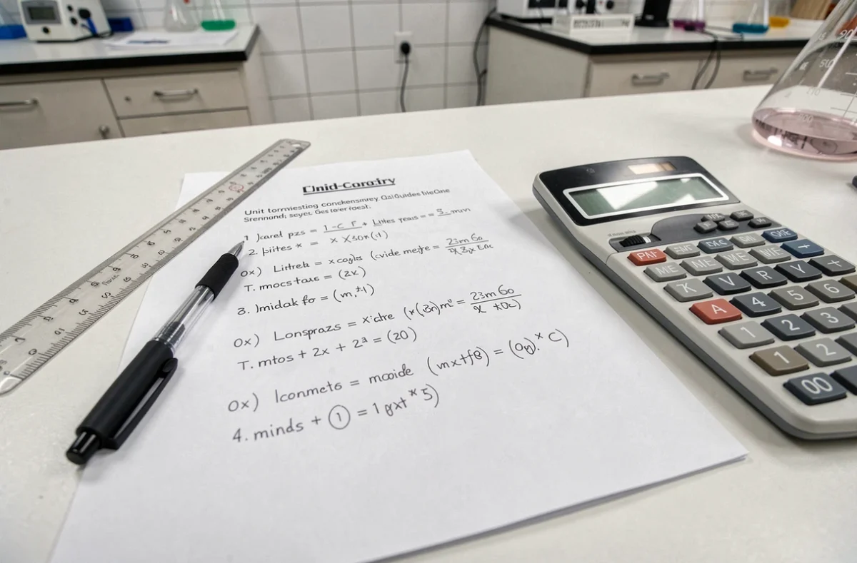 Fiche d'exercices de conversion litres mètre cube en physique-chimie posée sur une table de laboratoire scolaire