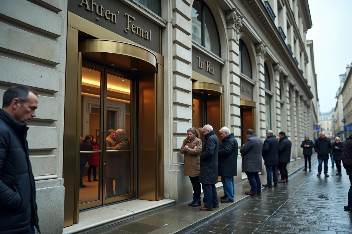 File de clients inquiets devant une banque parisienne traditionnelle en pierre, symbolisant la fragilité du système bancaire français