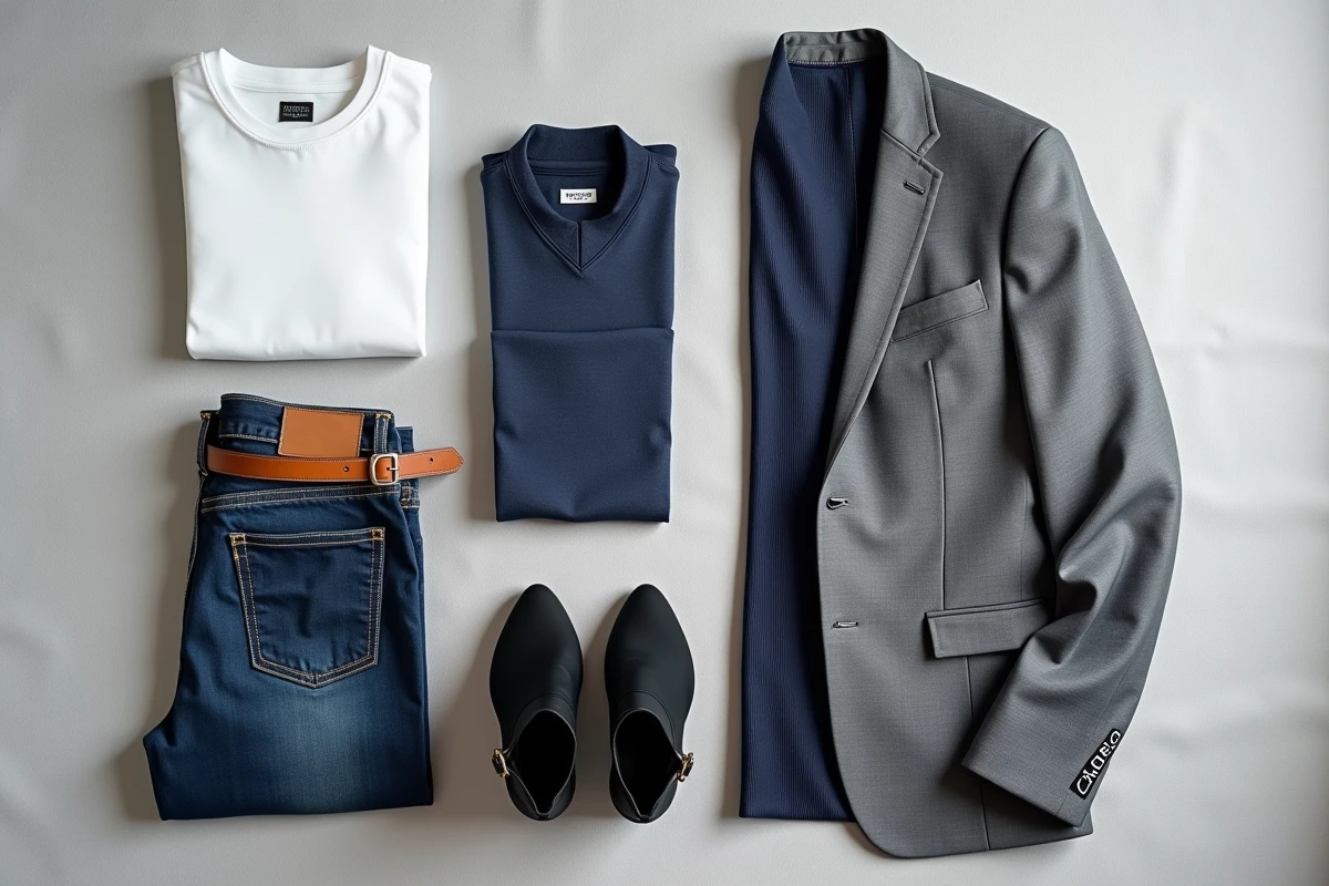 Flat lay d'une garde-robe capsule avec des pièces essentielles : jean, blazer, pull marine, boots et ceinture en cuir sur fond lin gris.