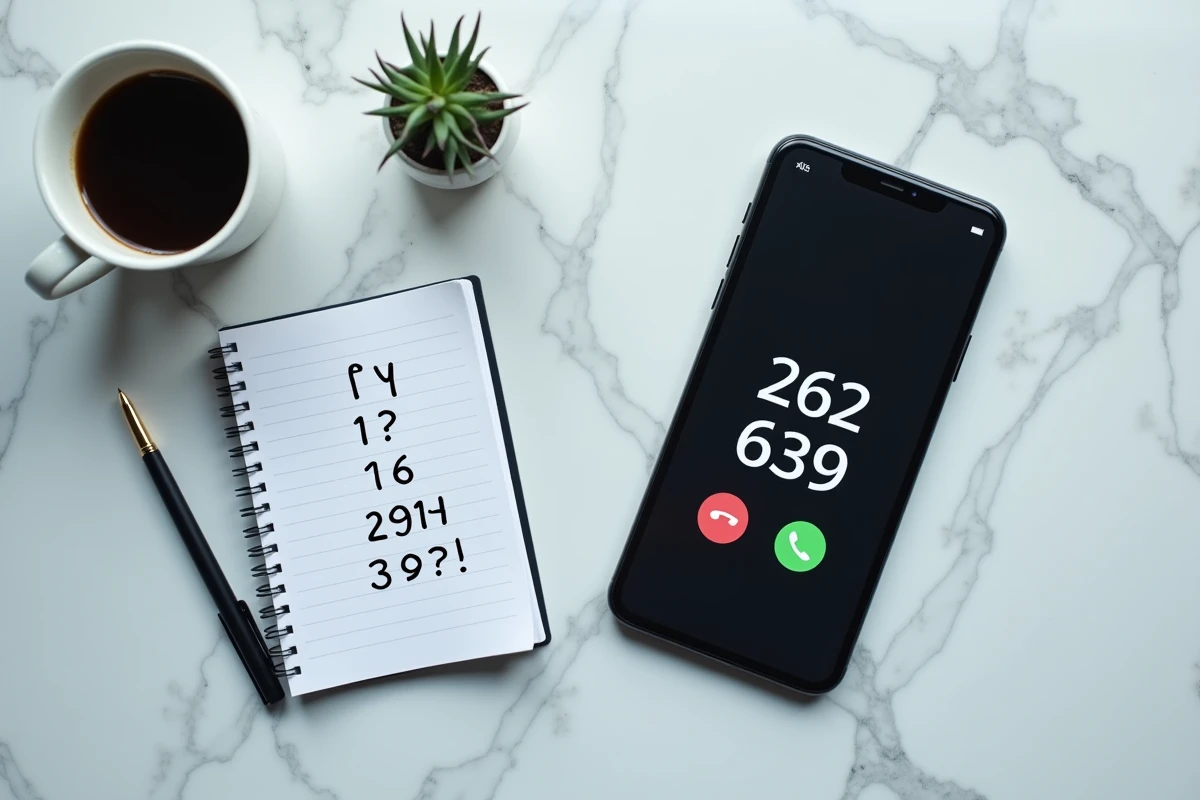 Vue aérienne d'un smartphone affichant un appel entrant avec l'indicatif 262 639 sur un bureau en marbre