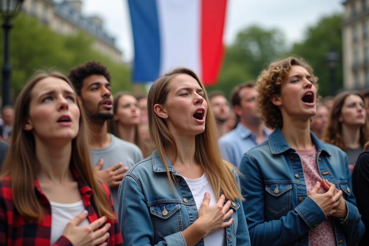 Foule de citoyens français chantant la Marseillaise ensemble sur une place publique lors des célébrations du 14 juillet