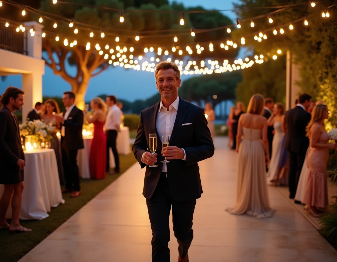 Photographe événementiel en costume sombre capturant des moments lors d'une réception élégante dans un jardin de villa à Antibes
