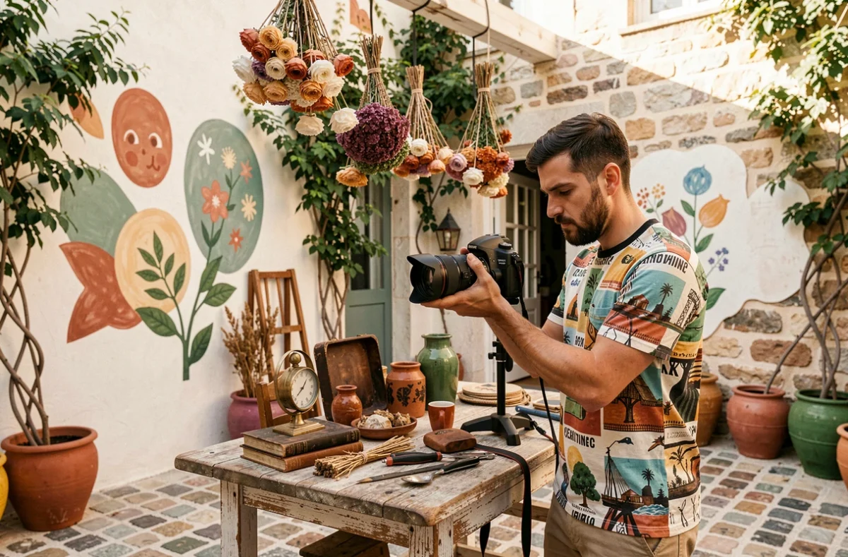 Photographe créatif masculin préparant une séance artistique dans une cour blanchie à la chaux à Antibes avec des accessoires vintage