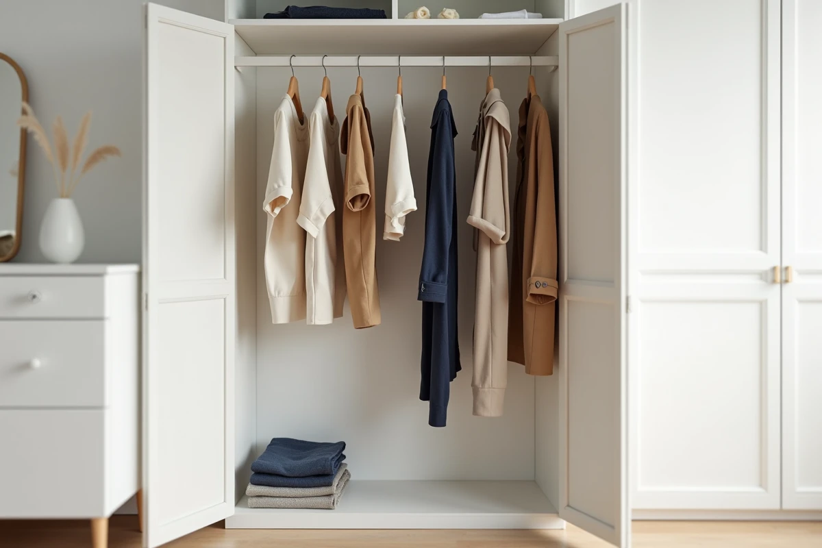Garde-robe capsule minimaliste avec des vêtements neutres soigneusement rangés sur des cintres en bois dans une armoire ouverte.