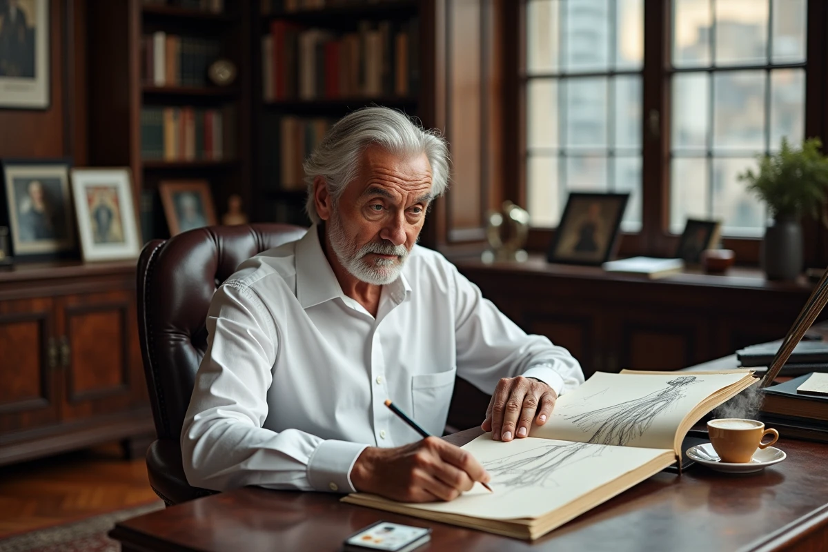 Grand styliste senior consultant son carnet de croquis de mode dans son bureau privé