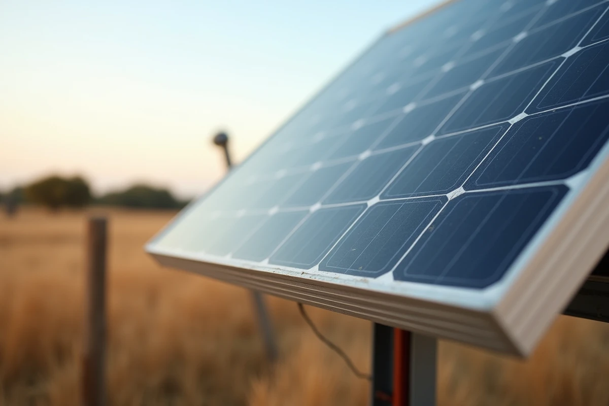 Gros plan sur un panneau solaire monocristallin 500W monté au sol dans un champ rural avec détail des cellules photovoltaïques