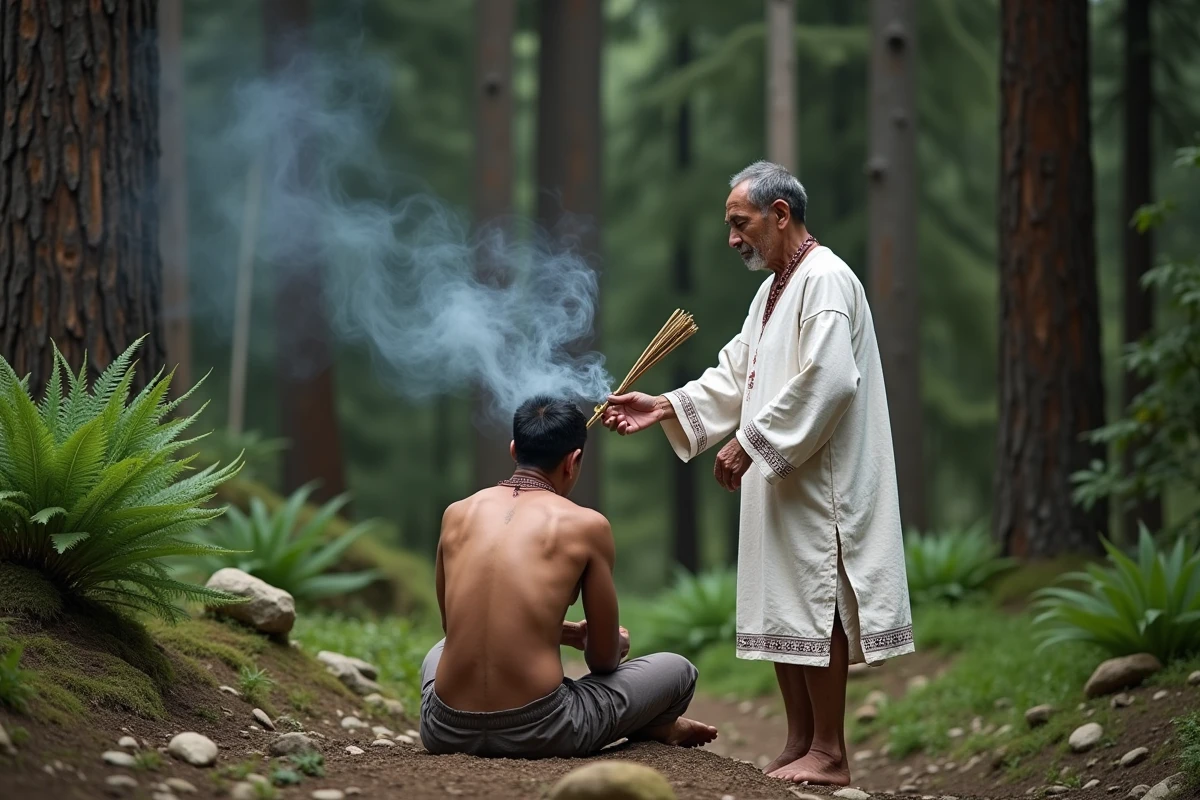 Guérisseur traditionnel amérindien réalisant une cérémonie de fumigation avec des herbes aromatiques dans une clairière forestière andine