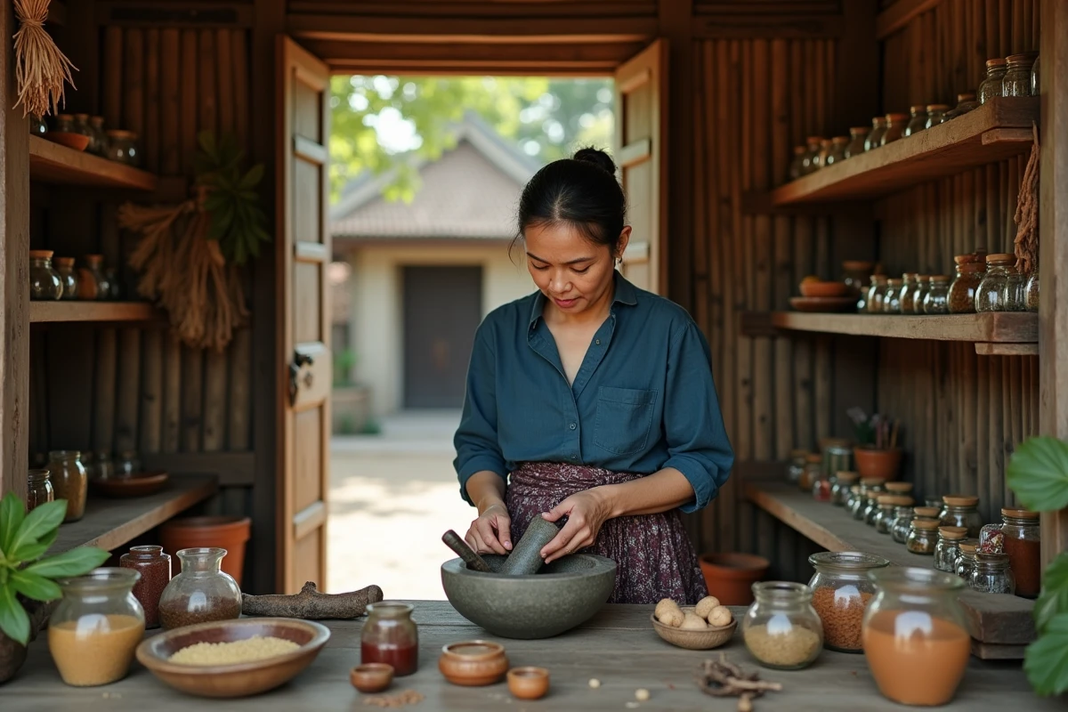 Guérisseuse traditionnelle asiatique préparant une pâte d'herbes médicinales au mortier dans une boutique de médecine traditionnelle en marché rural