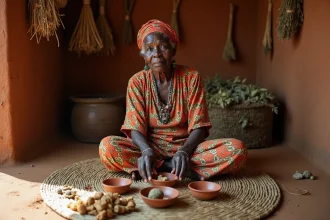 Guérisseuse traditionnelle africaine préparant des plantes médicinales séchées dans des bols en argile à l'intérieur d'une hutte en terre