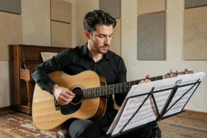 Guitariste en conservatoire jouant de la guitare acoustique dans une salle de pratique aux murs acoustiques et parquet usé