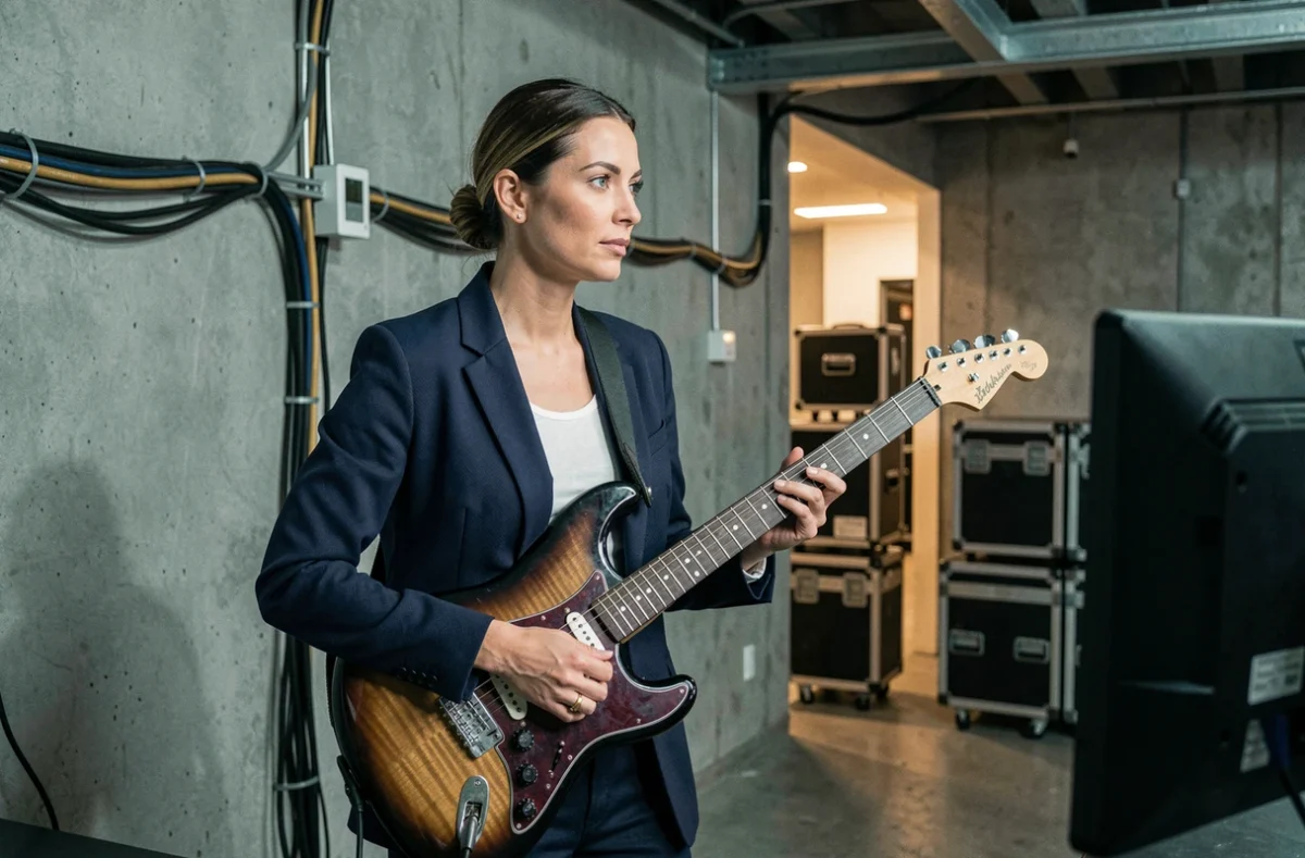 Guitariste femme en coulisses d'un plateau de télévision tenant une guitare électrique avant son passage à l'antenne