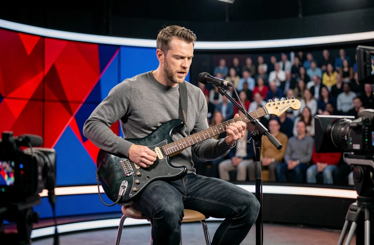 Guitariste homme en train de jouer en direct sur le plateau d'une émission de télévision française devant un public en studio