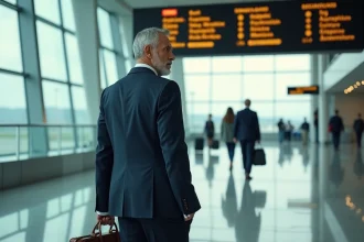 Homme d'affaires aisé traversant un terminal d'aéroport international avec une valise en cuir, symbolisant l'exil fiscal et la fuite des capitaux liée à l'ISF