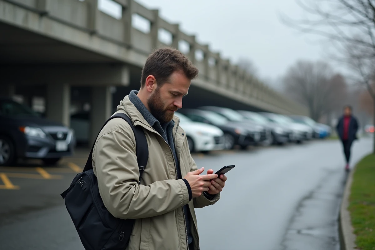 Un homme dans la trentaine consulte une application de covoiturage sur son smartphone dans un parking relais en banlieue, illustrant l'usage numérique du covoiturage du quotidien