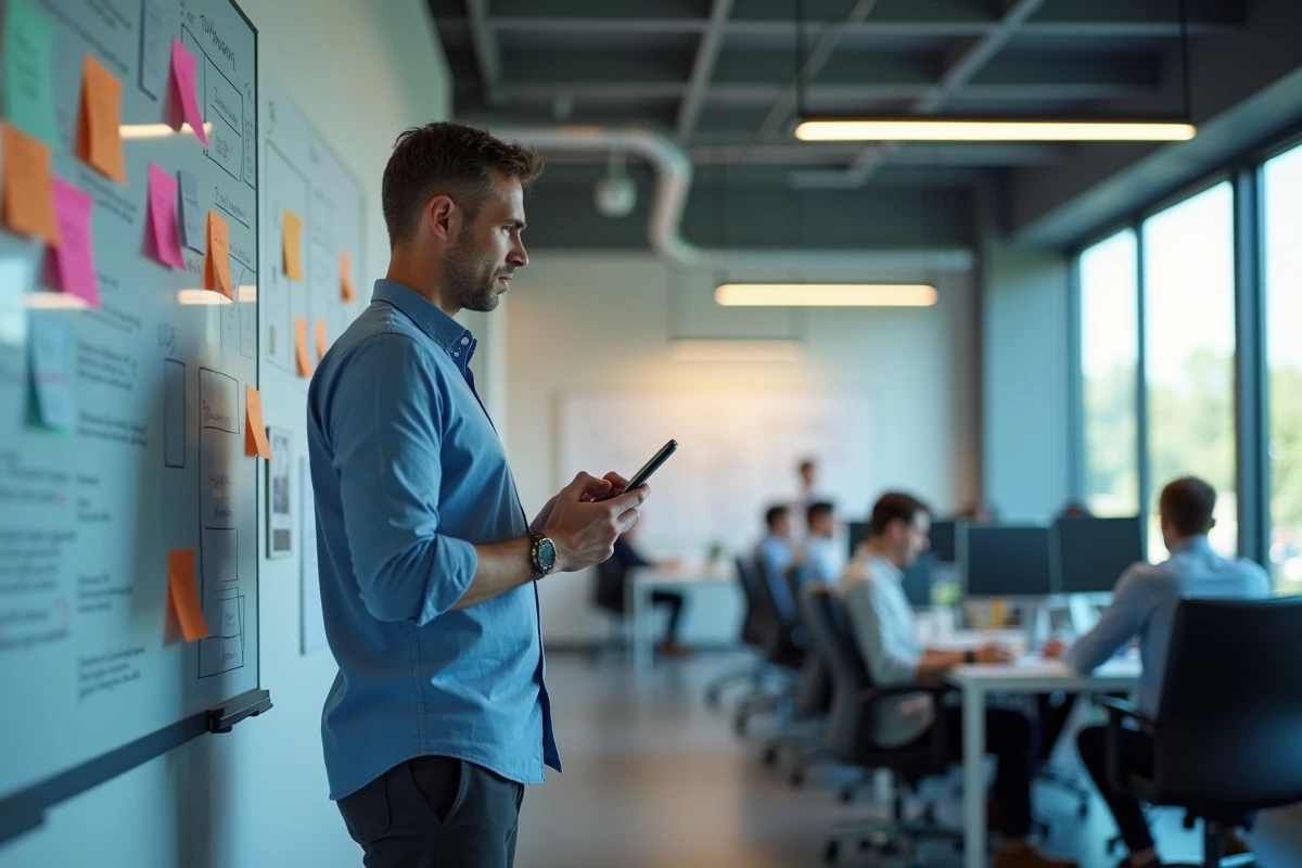 Homme d'affaires stressé dans un bureau open space regardant l'horloge, illustrant la difficulté à gérer son emploi du temps professionnel