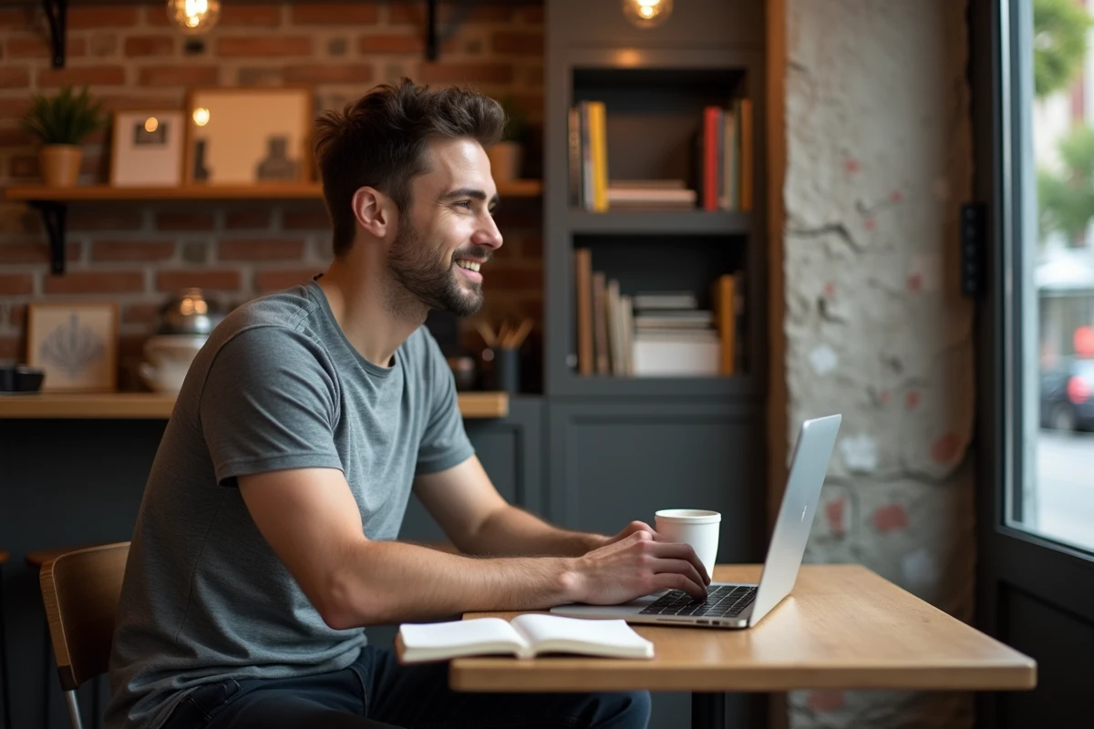 Homme planifiant un voyage gratuit sur ordinateur dans un café avec un carnet de notes ouvert