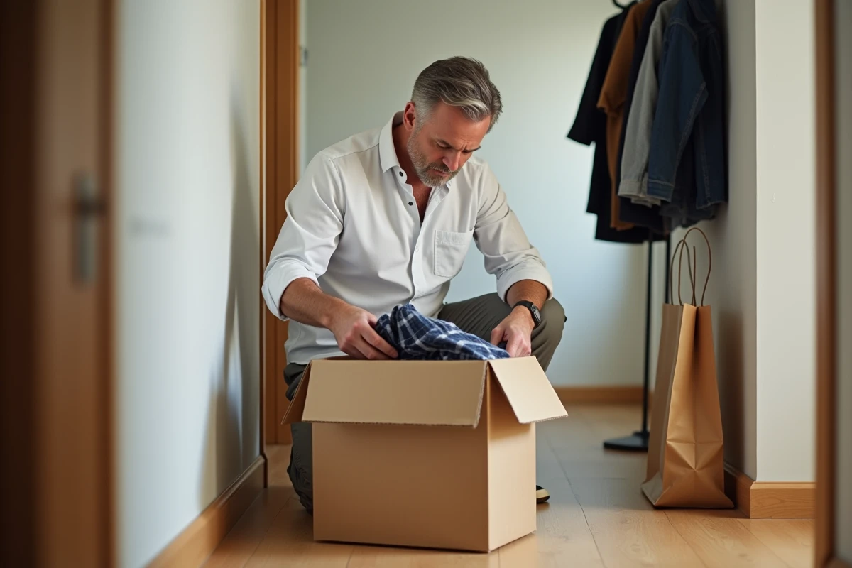 Homme déposant des vêtements dans un carton de donation lors du processus de désencombrement de sa garde-robe