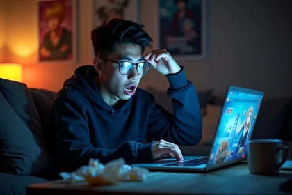 Jeune homme choqué par un spoiler One Piece sur son ordinateur portable dans un salon d'otaku