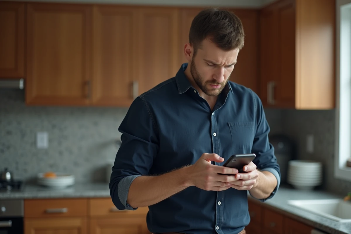 Homme agacé dans une cuisine regardant son téléphone avec une expression de colère et d'impatience