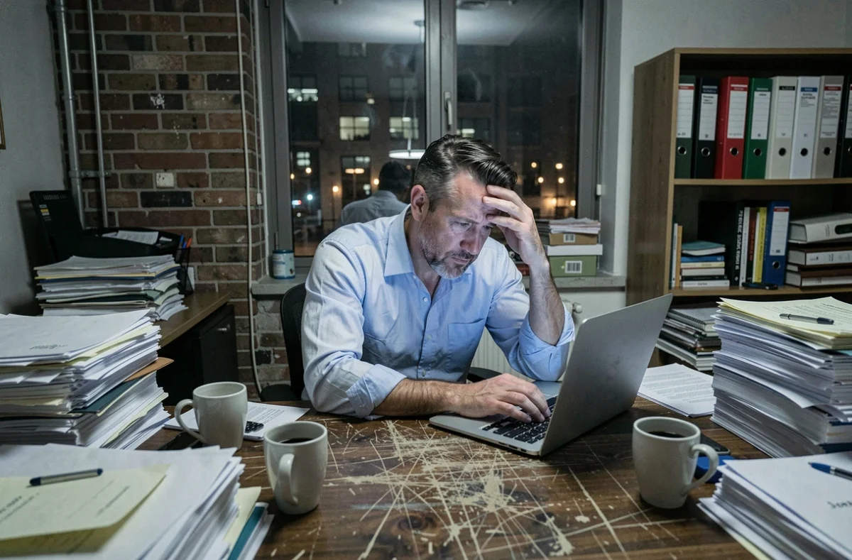 Homme épuisé travaillant tard dans un bureau encombré, symbolisant le sacrifice excessif et la perte d'équilibre contraire à l'esprit du carpe diem