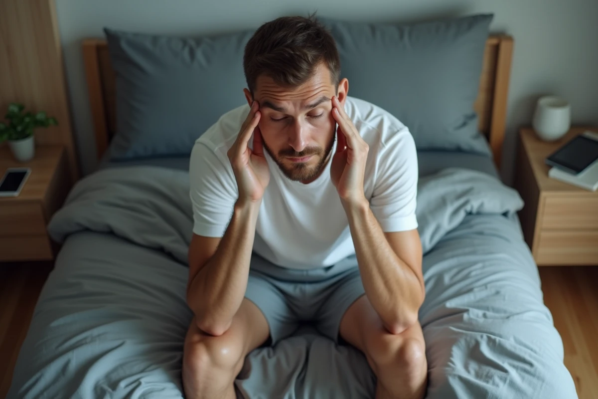 Homme assis au bord du lit le matin, l'air fatigué, évaluant la qualité de son sommeil après le réveil