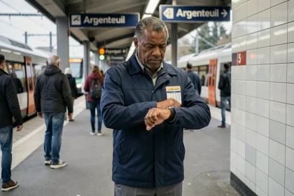Homme consultant sa montre sur un quai de gare RER en banlieue parisienne, horaires de prières en poche, Argenteuil