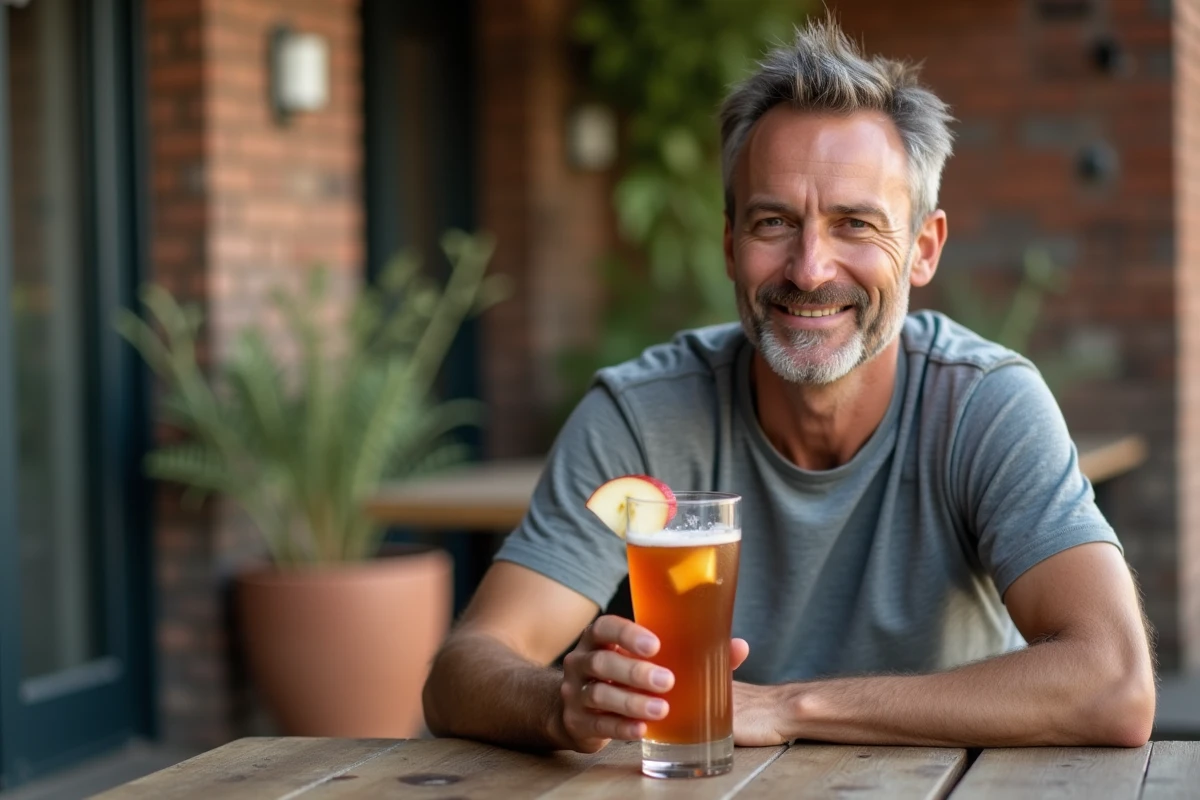 Homme tenant un verre de kombucha maison en terrasse de café pour améliorer la santé digestive