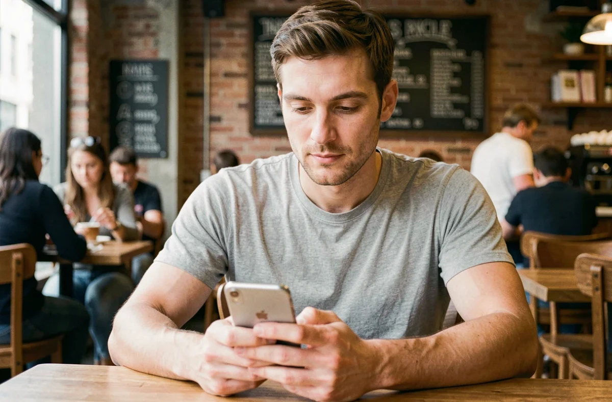 Un homme consultant une plateforme d'abonnement en ligne sur son smartphone dans un café urbain