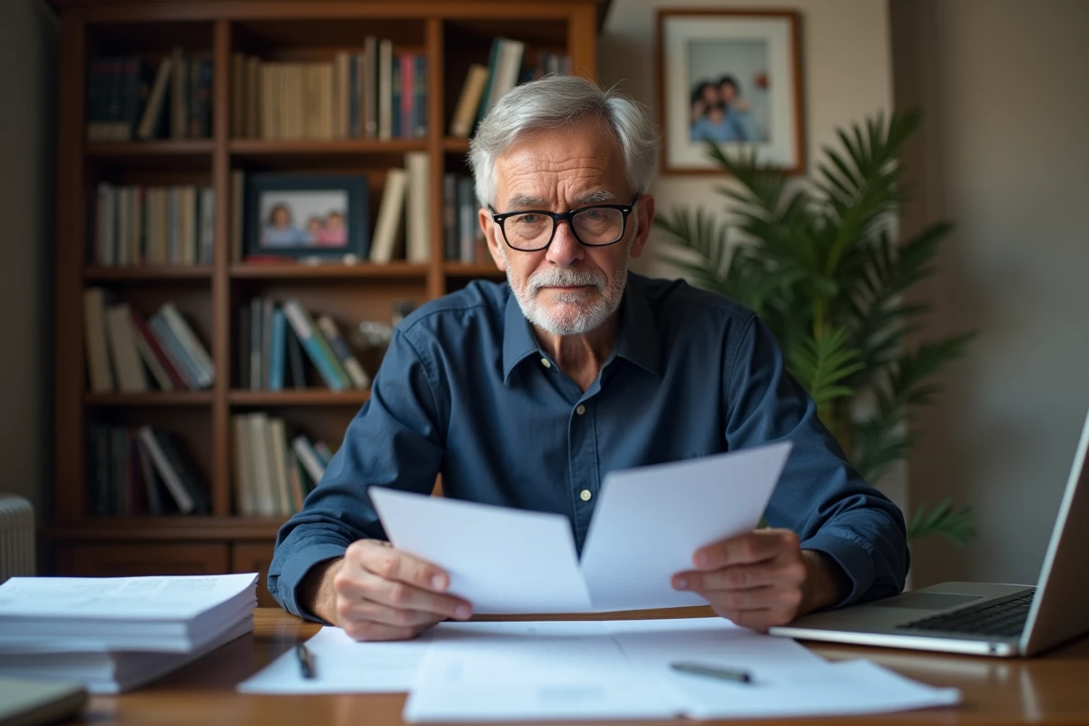 Homme senior comparant des courriers fiscaux dans un bureau à domicile, en lien avec les conditions de revenus pour l'exonération de taxe foncière