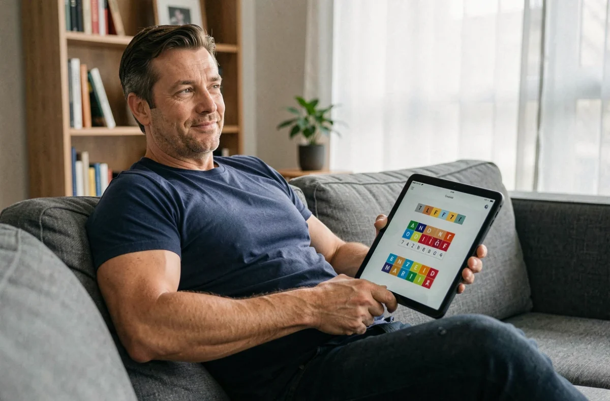 Homme cherchant solution 7 lettres sur tablette pour jeu 4 Images 1 Mot dans salon