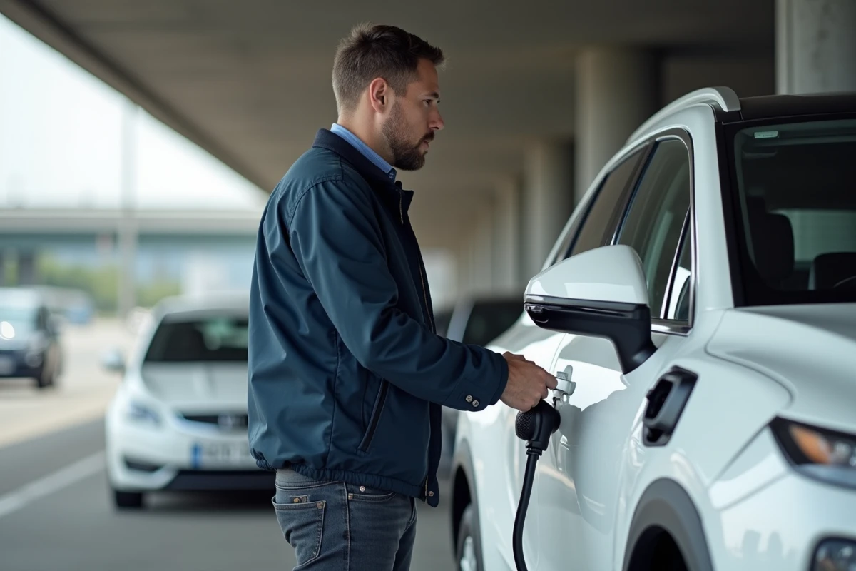 Homme en veste marine observant un SUV hybride blanc dans une aire d'autoroute moderne, comparatif voitures hybrides non rechargeables 2026