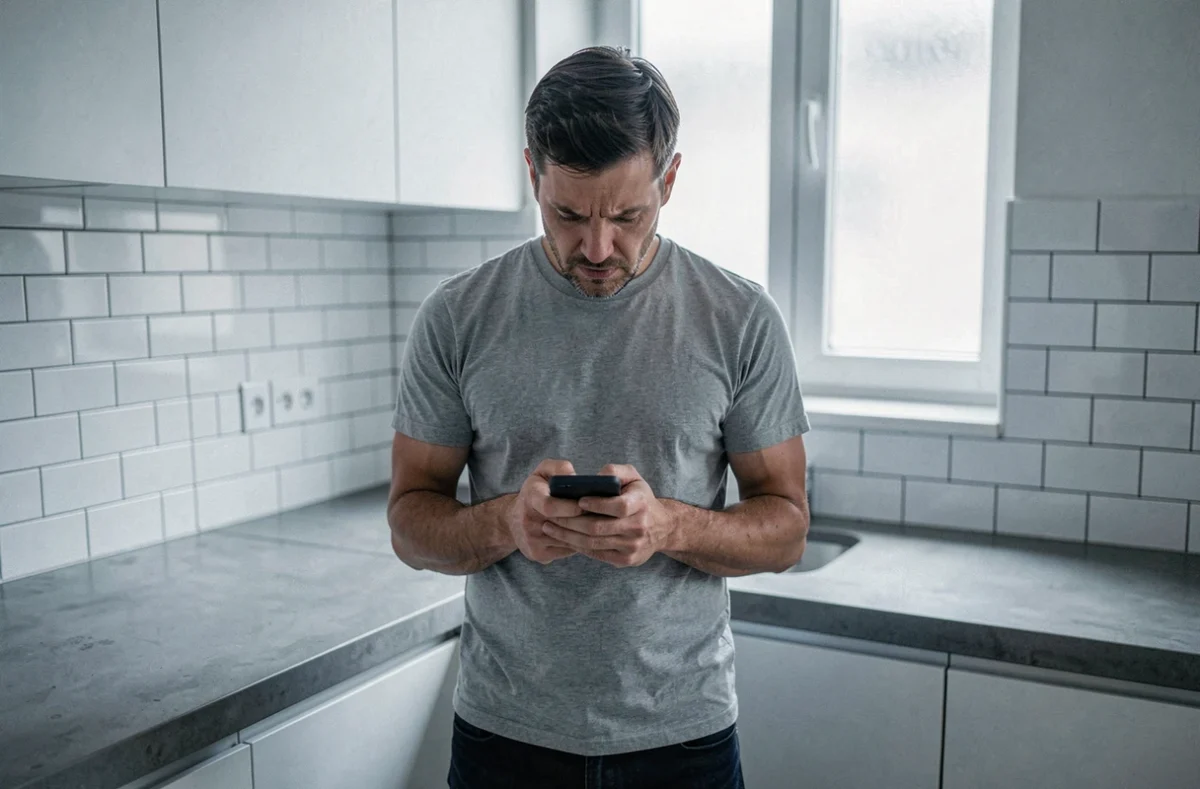 Homme lisant un message difficile sur son téléphone dans une cuisine moderne, symbolisant la trahison sentimentale