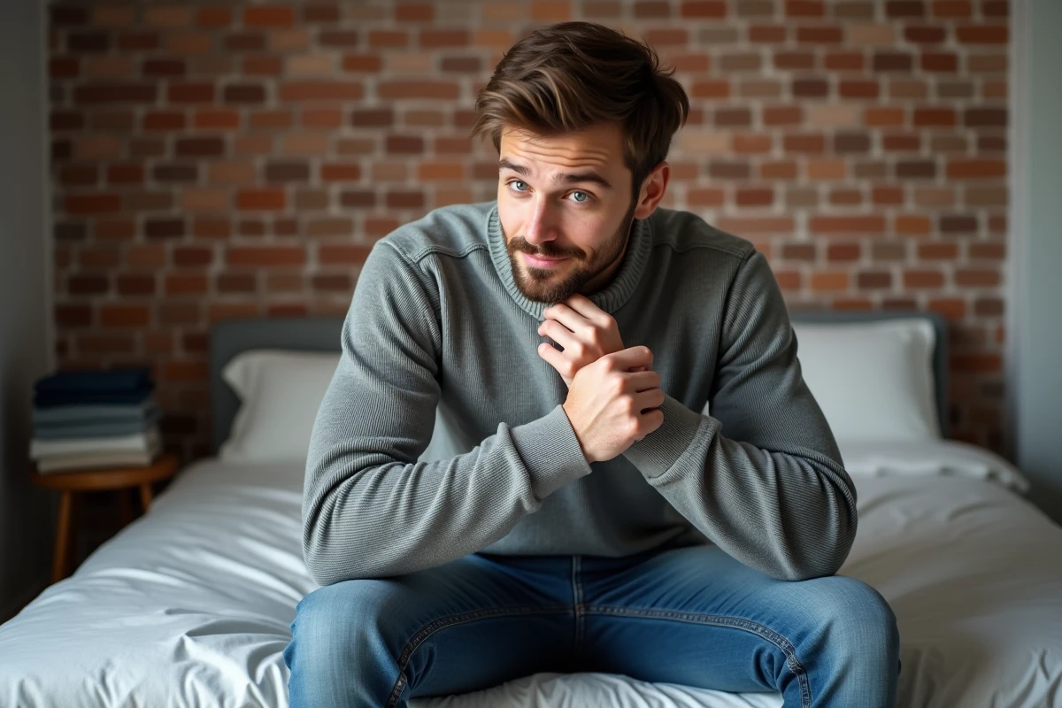 Homme vérifiant l'odeur d'un pull gris dans un appartement urbain décontracté