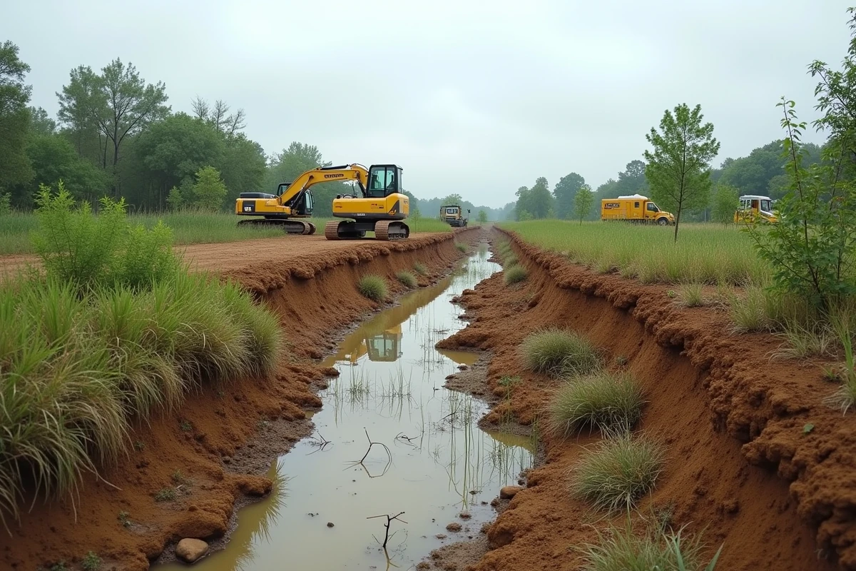 Zone humide en cours de destruction pour construction de maisons en périphérie urbaine montrant l'impact environnemental de l'étalement urbain