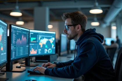 Ingénieur informatique analysant des données de trafic mondial sur plusieurs écrans dans un bureau technologique moderne