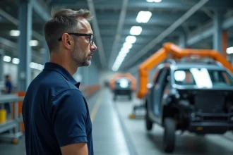 Ingénieur automobile inspectant une chaîne de montage moderne dans une usine Stellantis, symbolisant l'avenir industriel du groupe
