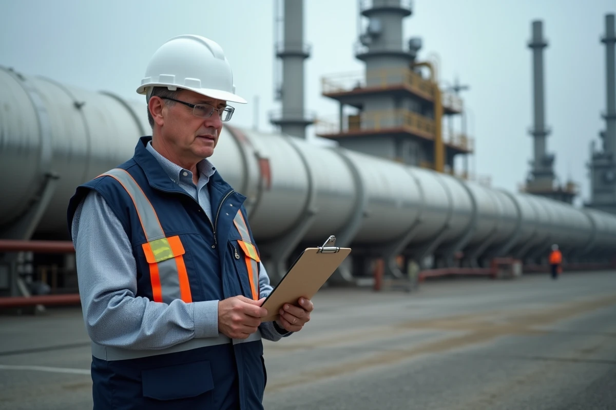 Ingénieur industriel devant une installation de traitement du gaz naturel, combustible fossile le plus efficace