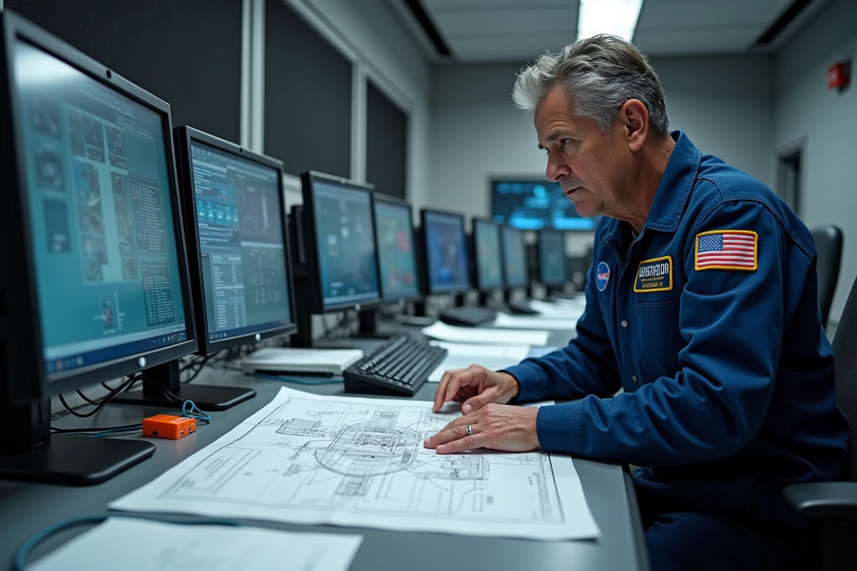 Ingénieur aérospatial examinant des schémas techniques de l'ISS dans une salle de contrôle NASA