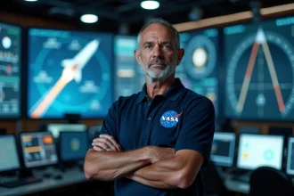Ingénieur NASA en salle de contrôle devant des données de trajectoire orbitale