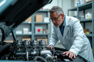 Ingénieur examinant un prototype de moteur à eau dans un garage de recherche automobile