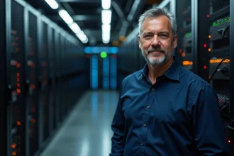 Ingénieur informatique devant un rack de serveurs dans un centre de données moderne représentant les superordinateurs les plus puissants du monde
