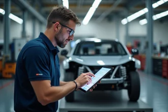 Ingénieur automobile analysant les données diagnostiques d'un véhicule électrique sur tablette dans un atelier technologique moderne