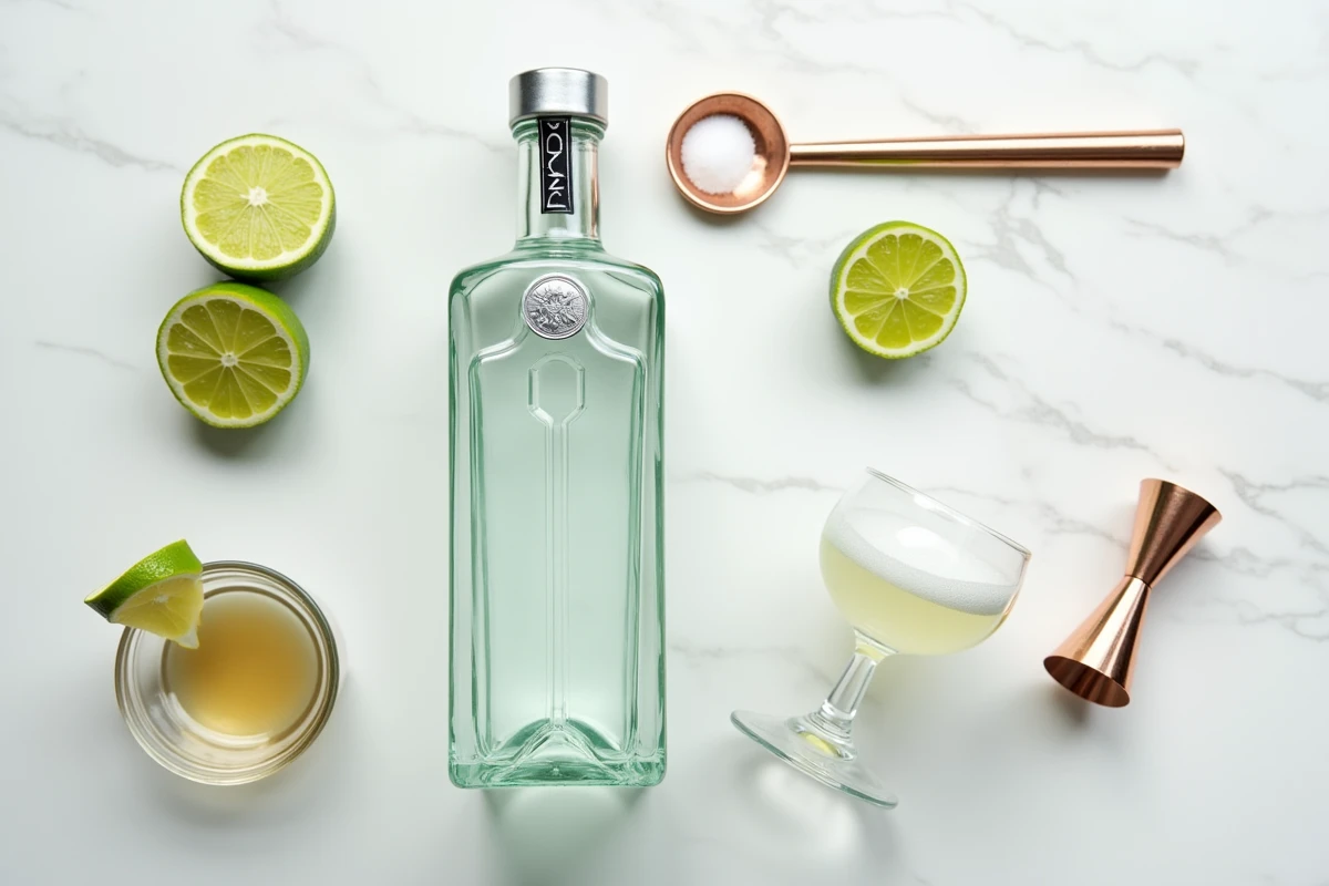 Présentation à plat des ingrédients pour préparer un cocktail gin et citron vert sur marbre blanc avec accessoires de bar en cuivre